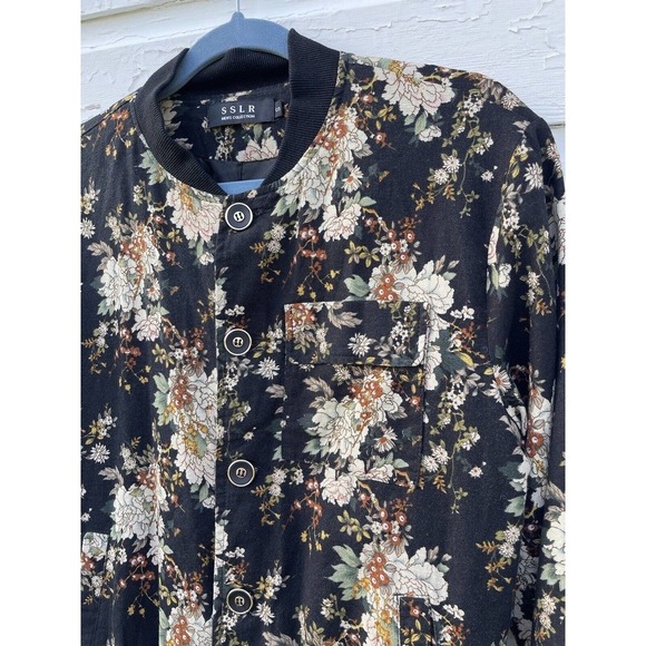 VTG SSLR Jacket Men's S Floral Fully Lined Metro 90's Cotton Flax Linen Black - Picture 2 of 10